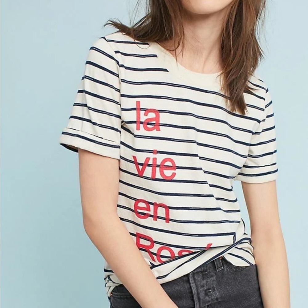 Anthropologie Sol Angeles La Vie En Rosé Graphic Striped Tee T-Shirt Size M EUC